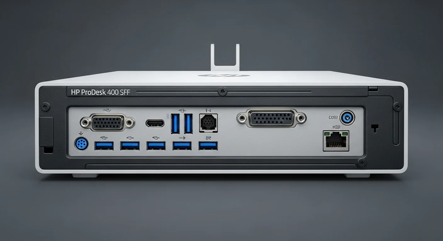 Vista detallada de los puertos de conectividad traseros de una computadora HP ProDesk 400 SFF, destacando su versatilidad.