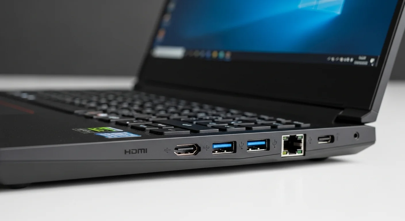 Vista detallada de los puertos traseros de una computadora Lenovo Legion Y530, destacando su conectividad HDMI, USB-C y Ethernet, un aspecto clave en la tecnología de accesorios.