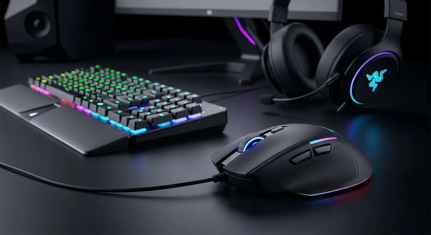 Un setup de gaming completo con teclado, audífonos y el mouse Razer Naga Trinity exhibiendo la iluminación Chroma RGB sincronizada, destacando su rol en el ecosistema de computadoras.