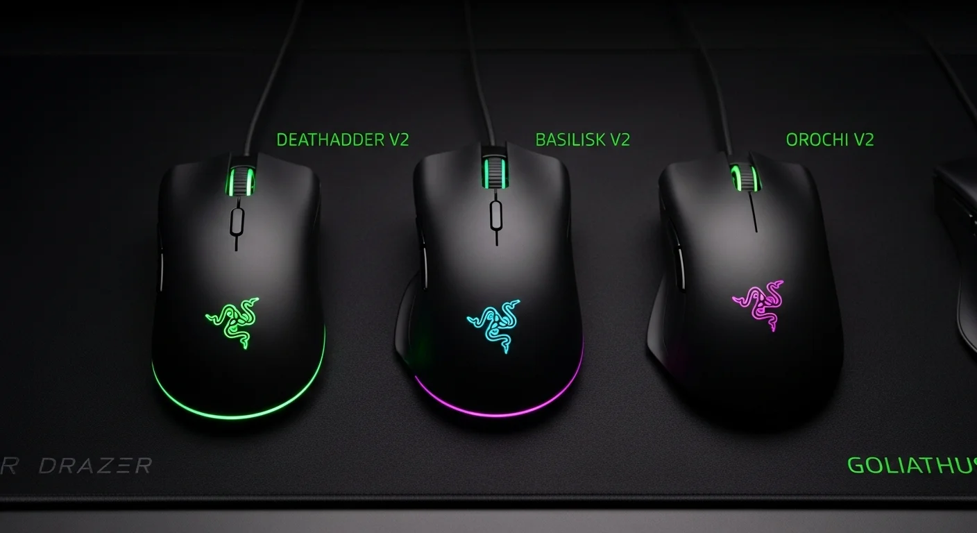 Una comparativa lado a lado de los ratones Razer DeathAdder V2, Basilisk V2 y Orochi V2 sobre una alfombrilla Goliathus V2.