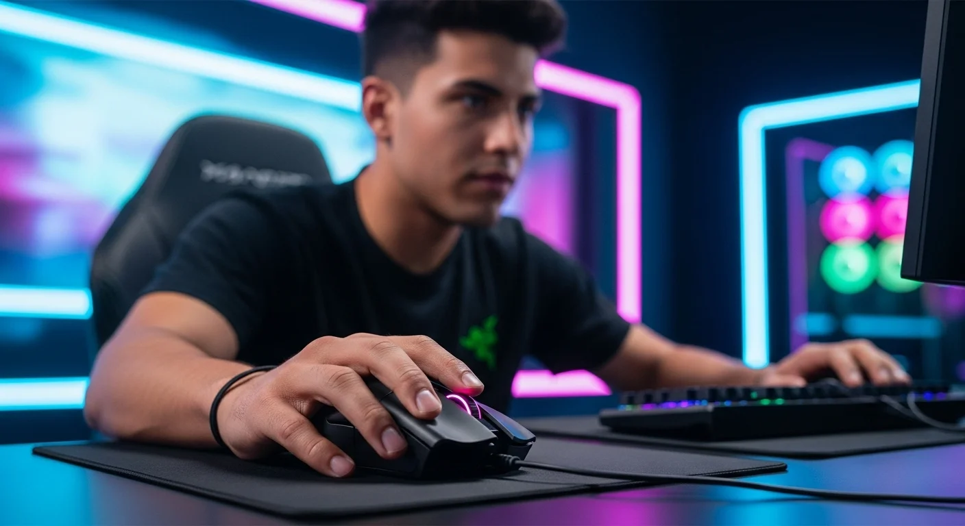 Imagen detallada de un ratón Razer Viper 8KHz siendo utilizado por un gamer profesional, destacando la velocidad y precisión en un entorno de computadoras de alto rendimiento