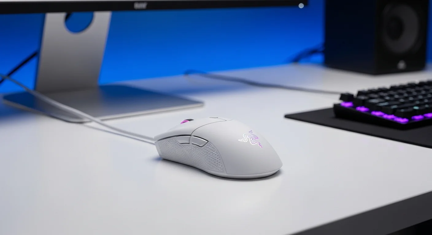 Setup de computadora minimalista con el mouse Razer Viper Ultimate Mercury en color blanco, destacando su diseño elegante para estaciones de trabajo y juego.