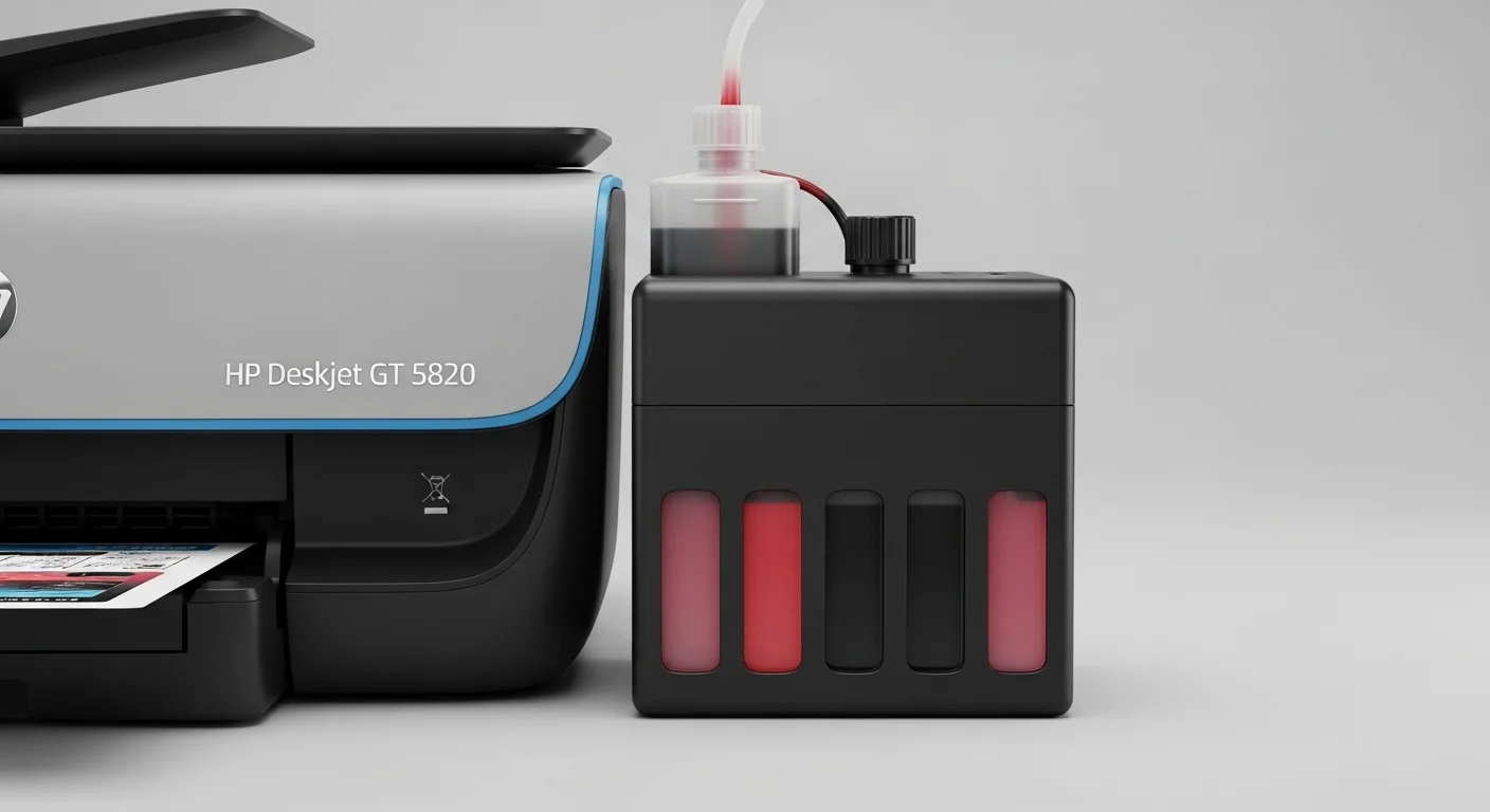 Primer plano del sistema de recarga de tinta antiderrame de la impresora HP Deskjet GT 5820, destacando la facilidad de uso y la tecnología de tanques de tinta.