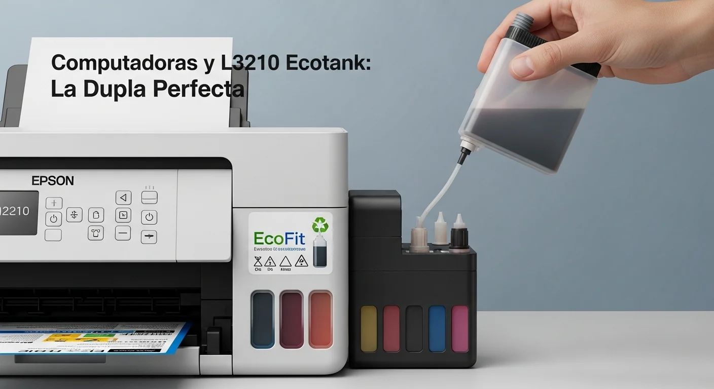 Primer plano del sistema de recarga de tinta EcoFit de la impresora Epson L3210, mostrando la facilidad y limpieza del proceso, un concepto clave en tecnología de oficina.