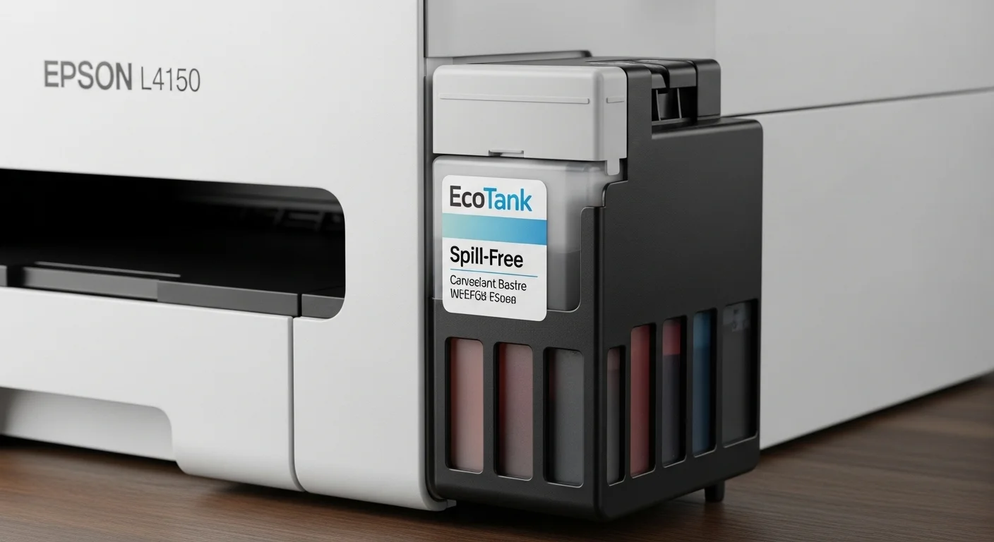 Primer plano del sistema de recarga de tinta Epson L4150, mostrando la facilidad del sistema EcoTank sin derrames.
