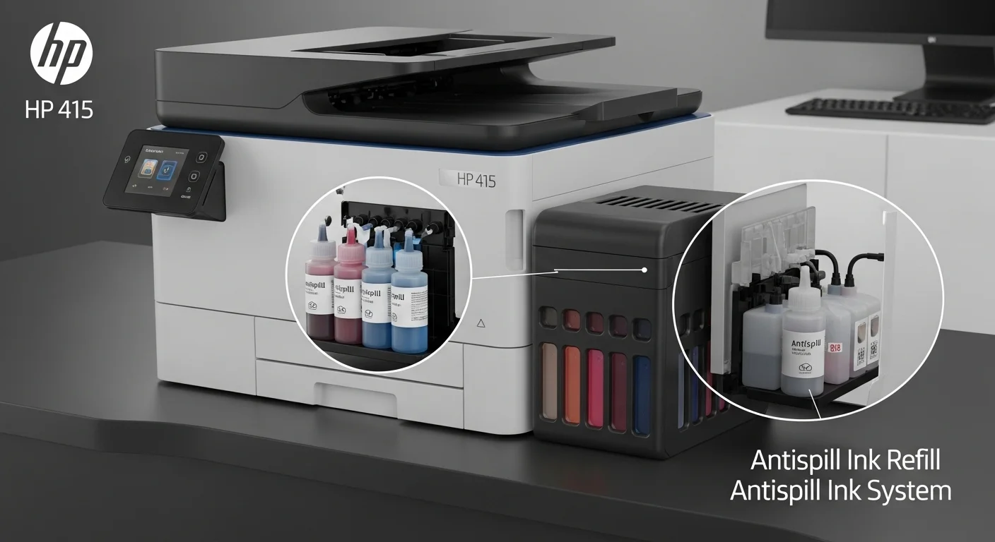 Detalle del sistema de recarga de tinta HP 415, mostrando las botellas de tinta anti-derrames y los tanques de la impresora.