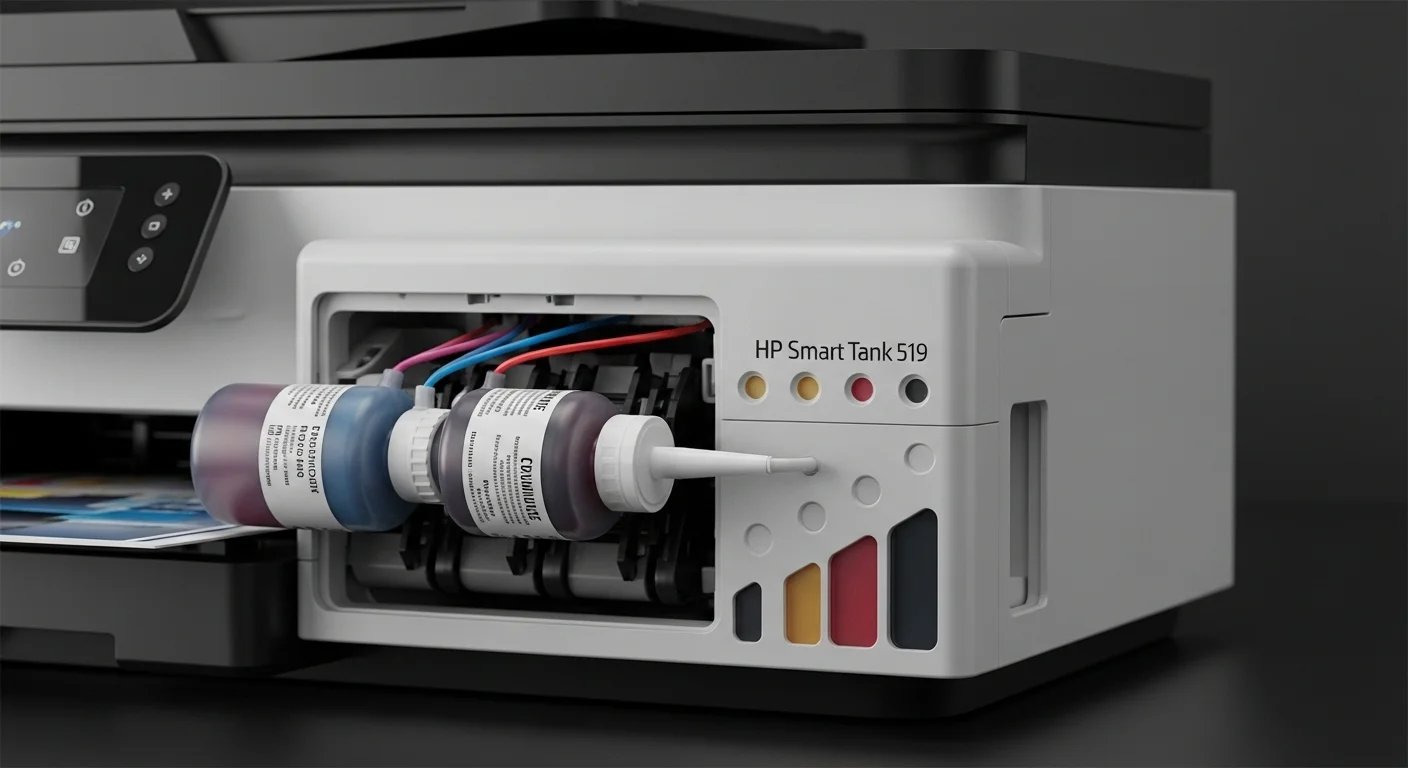 Primer plano del sistema de recarga sin derrames de una impresora HP Smart Tank 519, con las botellas de tinta junto a los tanques integrados.