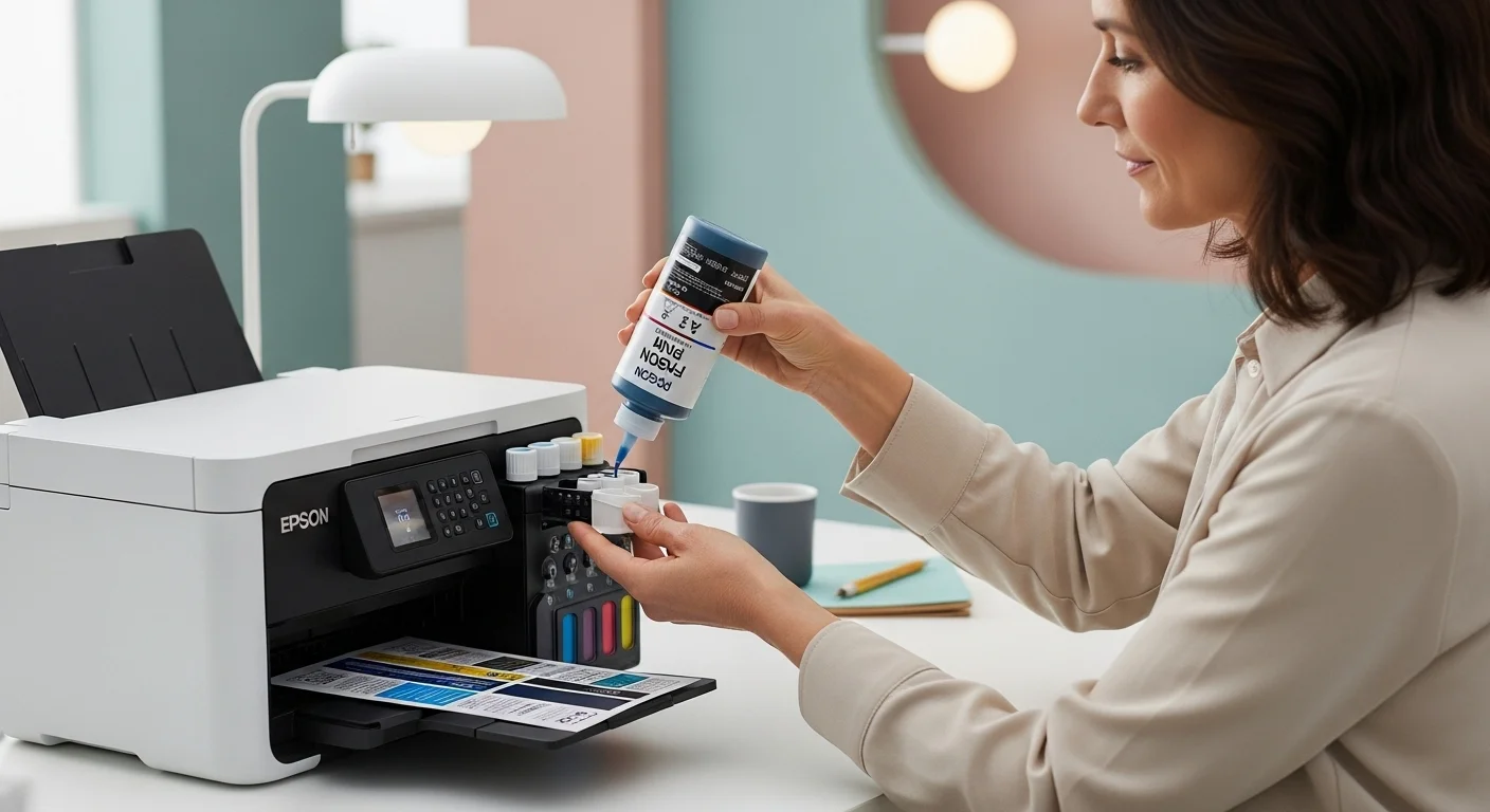 Primer plano de una persona recargando los tanques de una impresora epson tinta continua con botellas de tinta de colores, destacando la facilidad de uso.