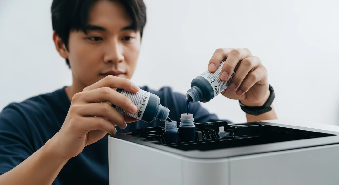 Primer plano de una persona recargando una impresora ink tank con botellas de tinta, destacando la facilidad y bajo costo del sistema.