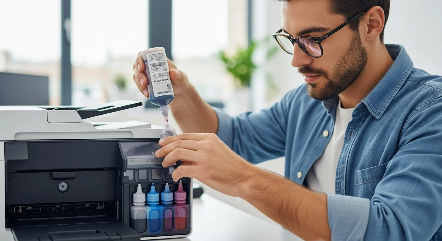 Primer plano de una persona recargando una impresora Tank con botellas de tinta, destacando la facilidad y limpieza del proceso.