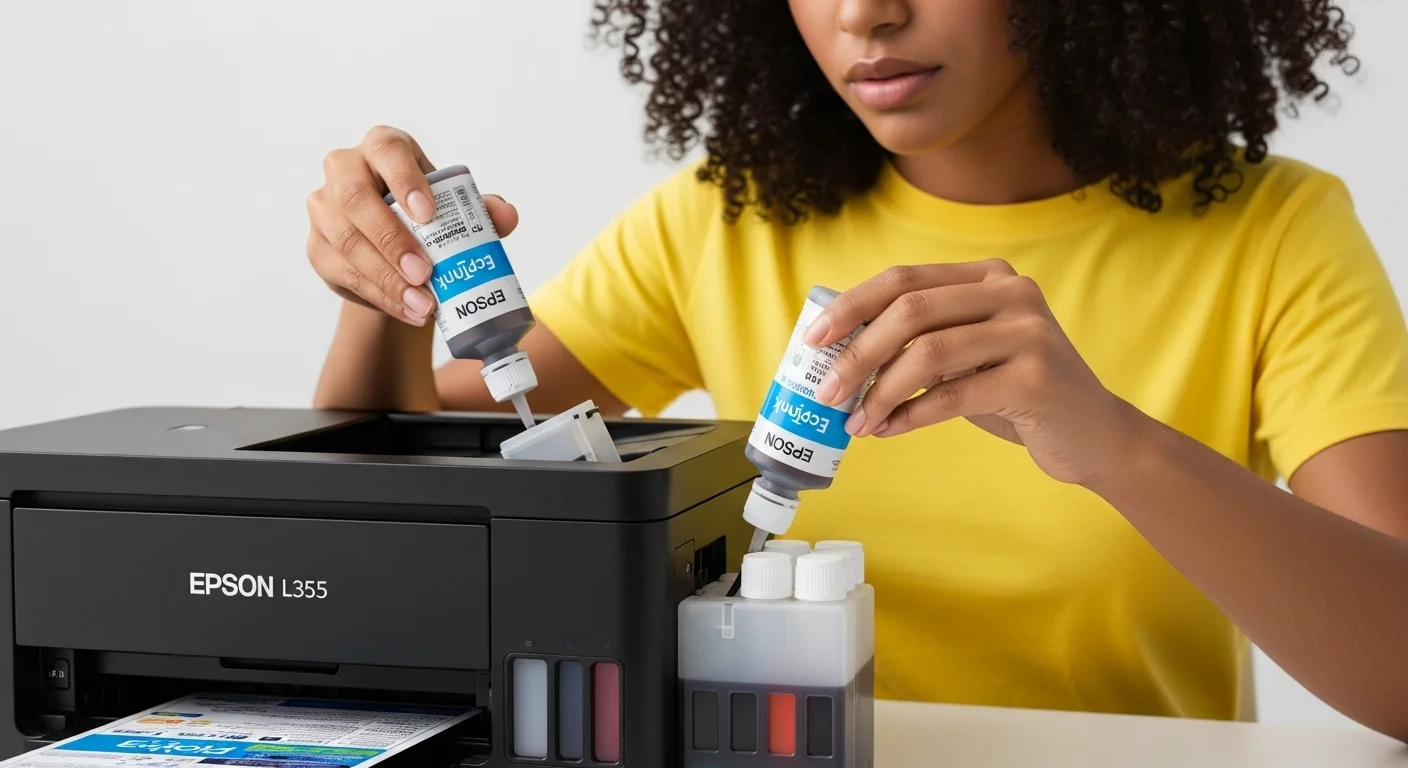 Primer plano de una persona recargando los tanques de una impresora con botellas de tinta para Epson L355, mostrando el sistema EcoTank.