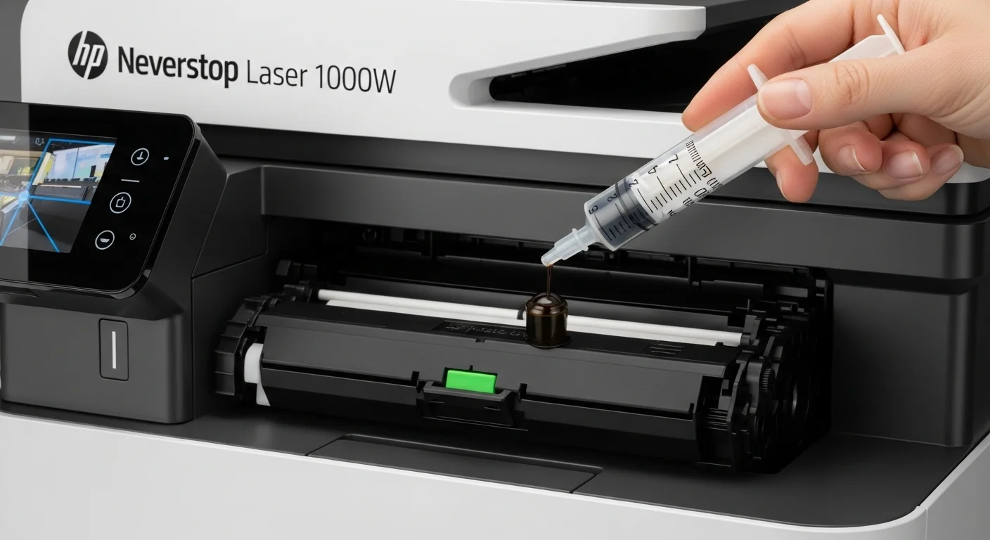 Primer plano del proceso de recarga de un toner hp neverstop laser 1000w, mostrando la facilidad y limpieza del sistema de jeringa sin derrames.