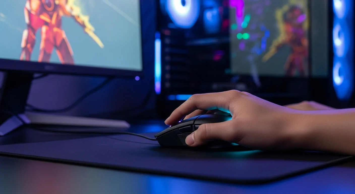 Primer plano de una mano usando un mouse Redragon Centrophorus 2 durante una sesión de juego intensa en una computadora de alto rendimiento.