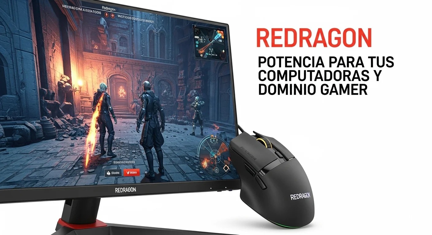 Primer plano de un monitor Redragon mostrando un juego junto a un mouse Redragon M908