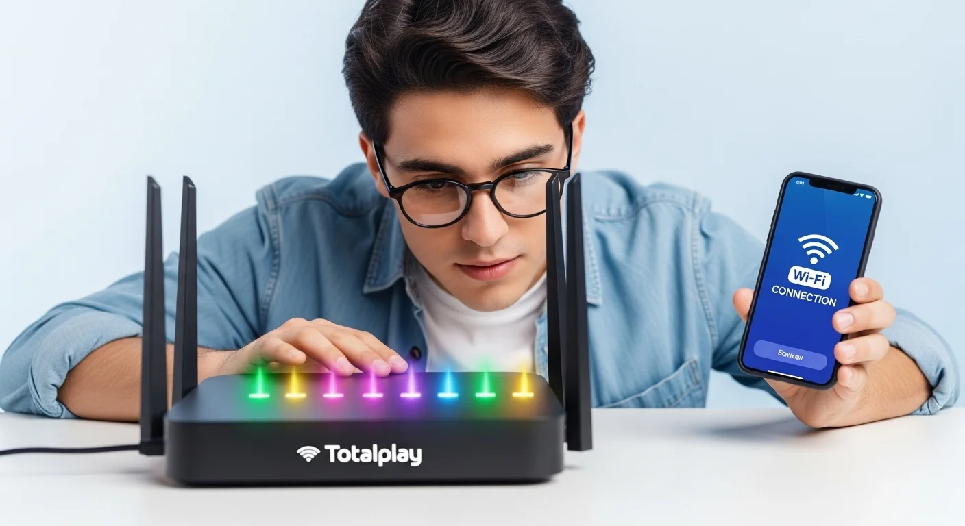Ilustración de una persona mirando un router de Totalplay con luces indicadoras, mientras sostiene un smartphone, representando la solución al problema de que no aparece la red WiFi.