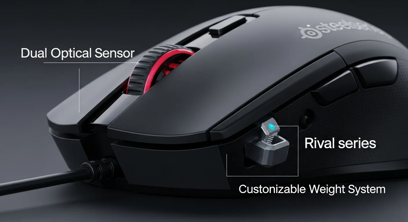 Un primer plano del sensor dual y el sistema de pesas personalizable del ratón para computadoras SteelSeries Rival 600.