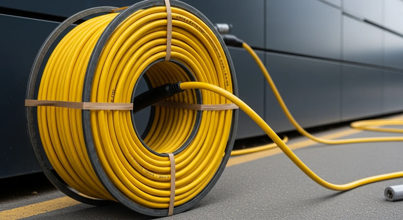 Un rollo de cable eléctrico exterior de color amarillo brillante y uso rudo, listo para ser desplegado en un entorno de trabajo al aire libre