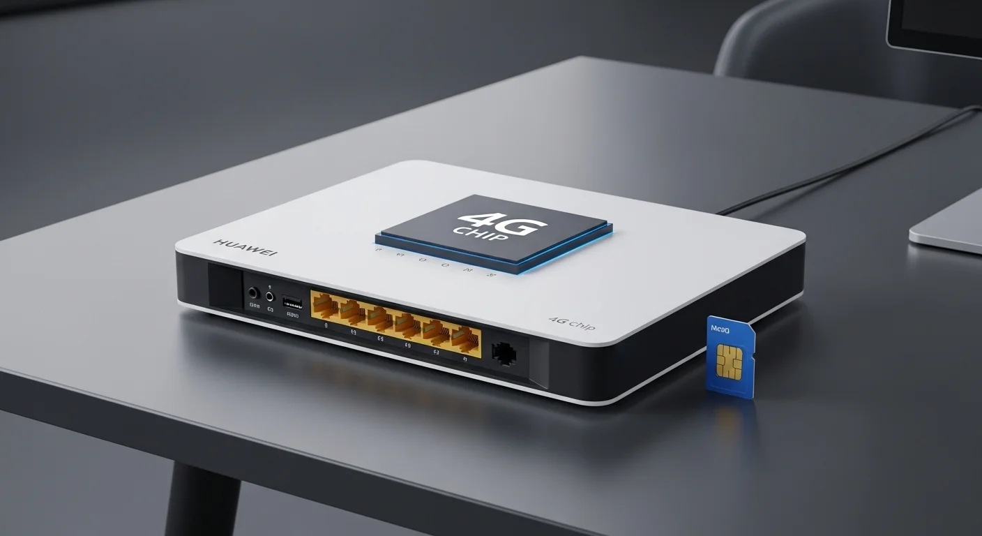 Un router Huawei con chip 4G sobre una mesa, mostrando su panel de puertos y una tarjeta SIM al lado, simbolizando la conectividad móvil para computadoras.