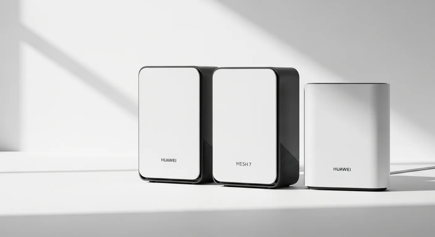 Imagen del sistema Huawei Mesh 7 Wifi 6, mostrando los nodos del router AX6600 y su diseño elegante para el hogar u oficina.