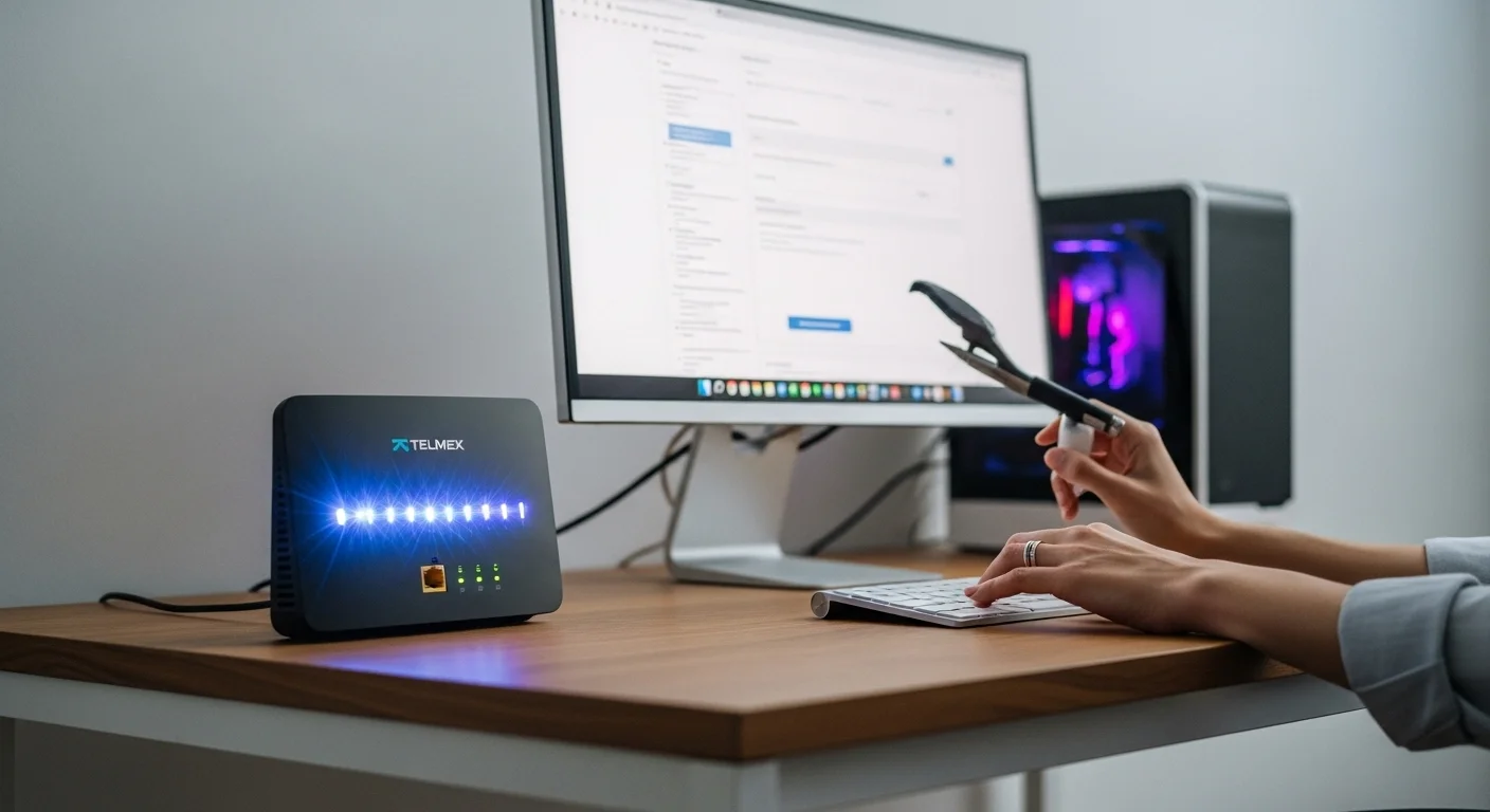 Primer plano de un router WiFi Telmex con luces parpadeando, y una mano escribiendo la dirección IP en un navegador para configurar la red.