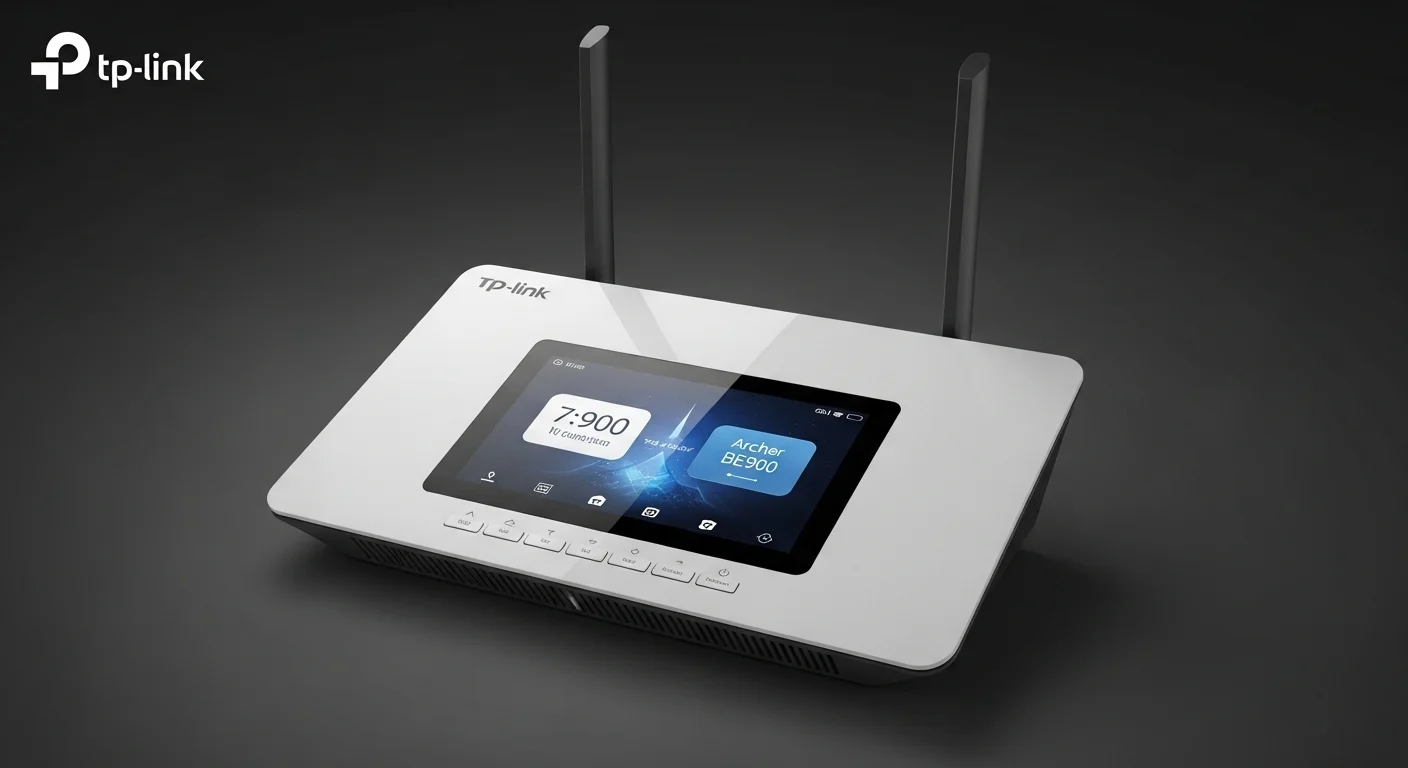 Imagen detallada del router TP-Link Archer BE900, un exponente de la tecnología 7 Tp con pantalla táctil.