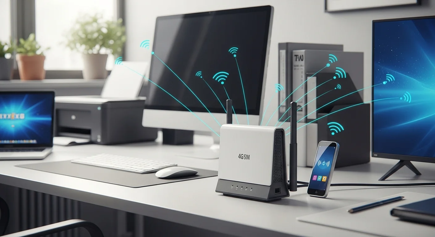 Un router wifi 4g sim estacionario en un escritorio de oficina moderno, proporcionando conexión a múltiples computadoras, una impresora y otros dispositivos.