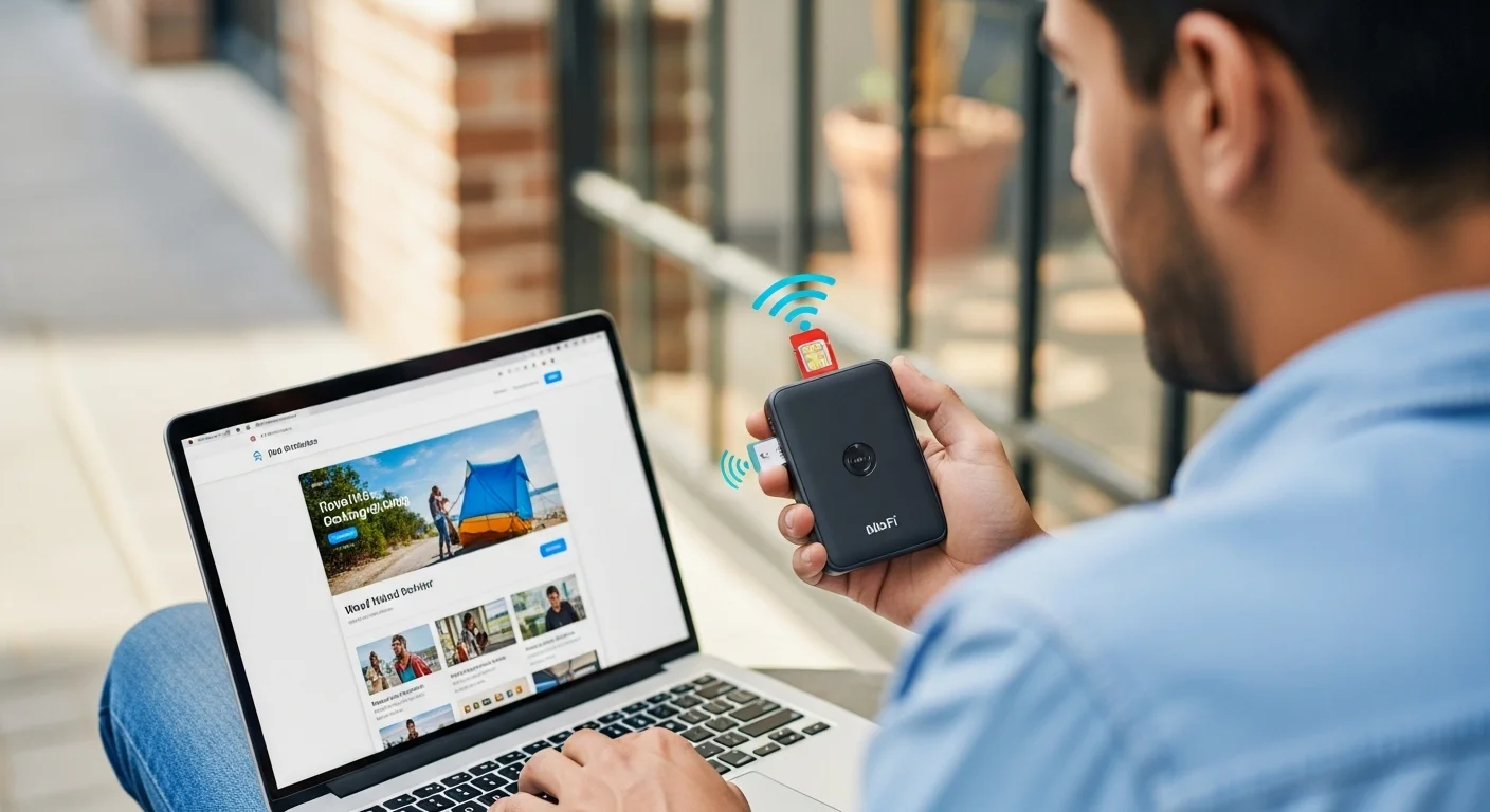 Persona utilizando un router wifi movil compacto con una tarjeta SIM para conectar su laptop durante un viaje, demostrando la portabilidad.