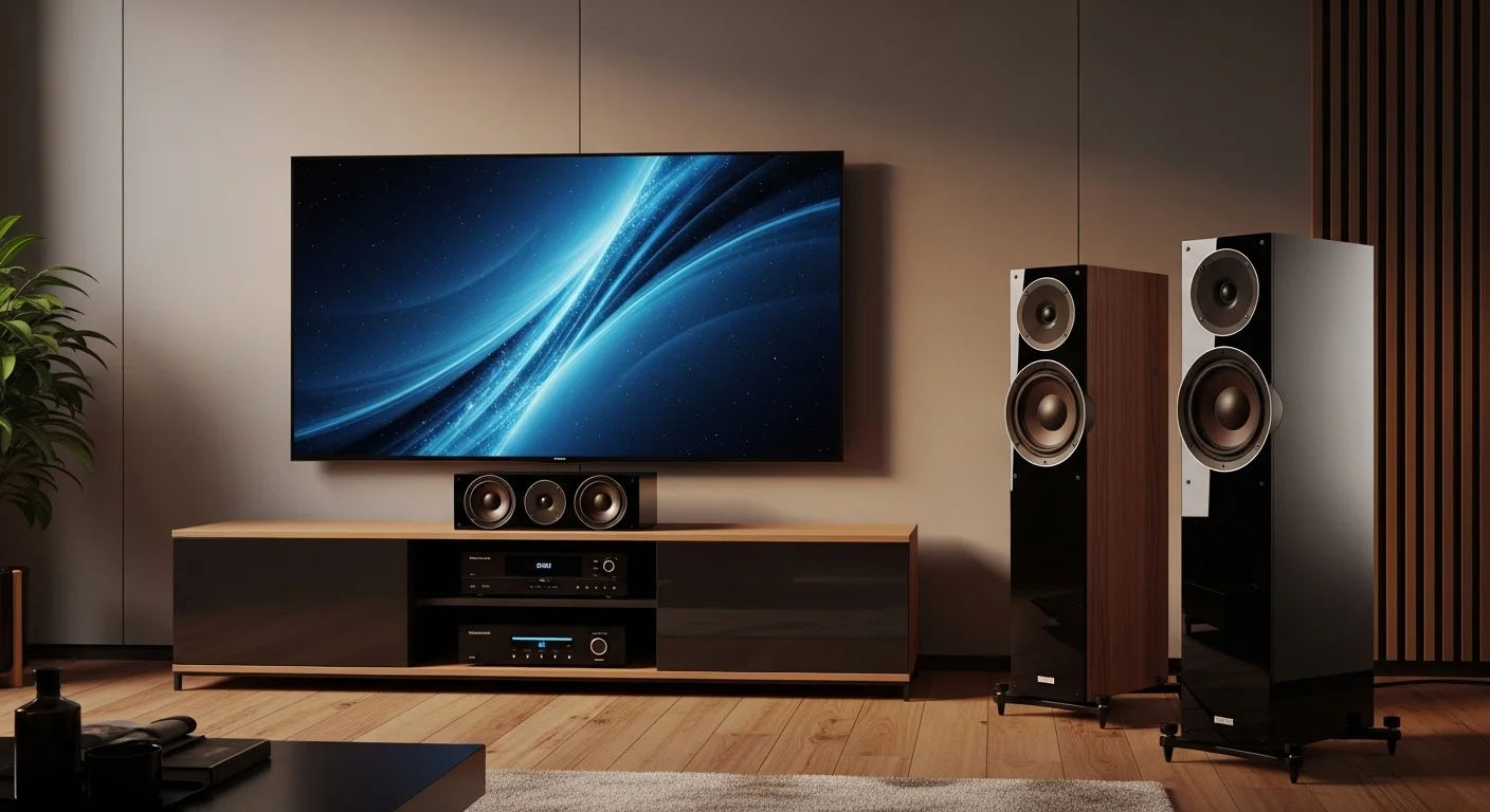 Elegante sala de estar con un sistema de cine en casa que incluye las mejores bocinas para casa tipo torre junto a una pantalla grande.