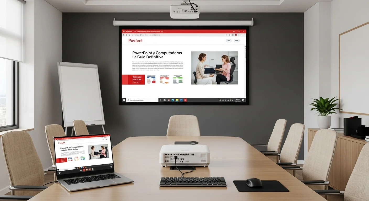 Sala de reuniones equipada con un proyector mostrando una presentación de PowerPoint, destacando la tecnología de oficina y accesorios.