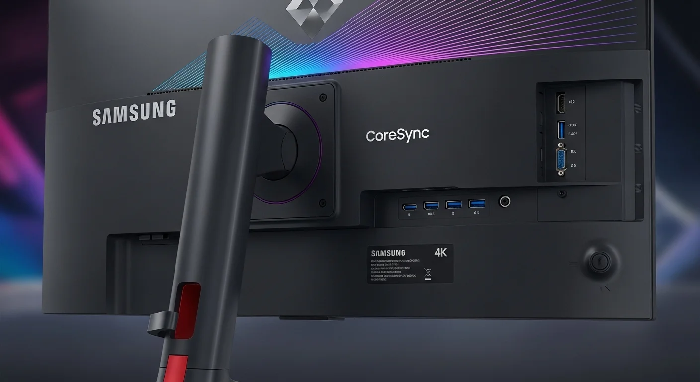 Vista trasera del monitor Samsung 28 4K, destacando la iluminación CoreSync y la variedad de puertos de conectividad para computadoras y accesorios.