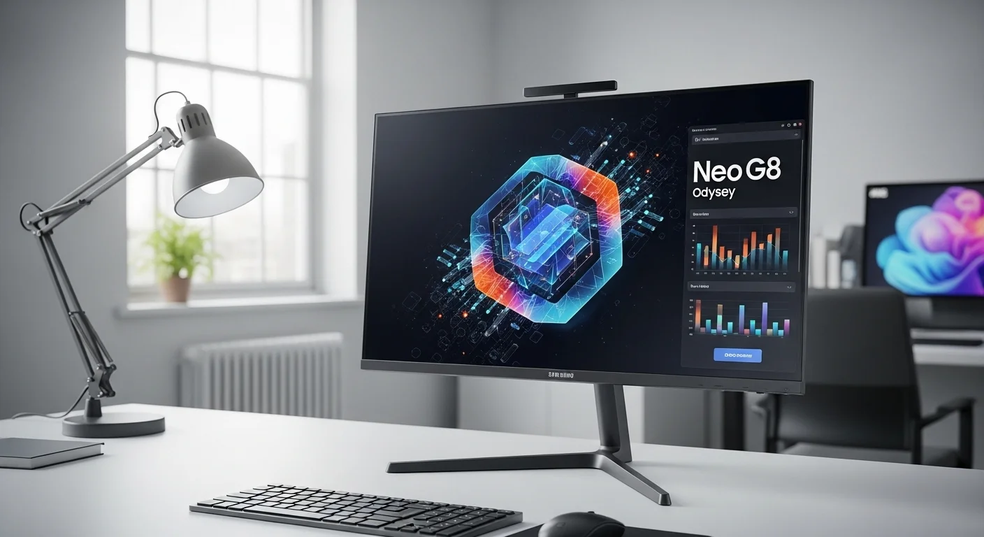 Monitor Samsung Neo G8 Odyssey en un entorno de oficina profesional, mostrando gráficos y datos en su pantalla 4K para computadoras.