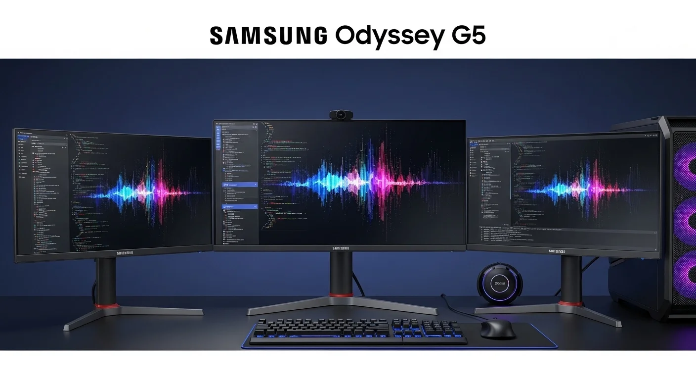 Setup de computadoras con tres monitores Samsung Odyssey G5 mostrando gráficos y código, destacando la productividad