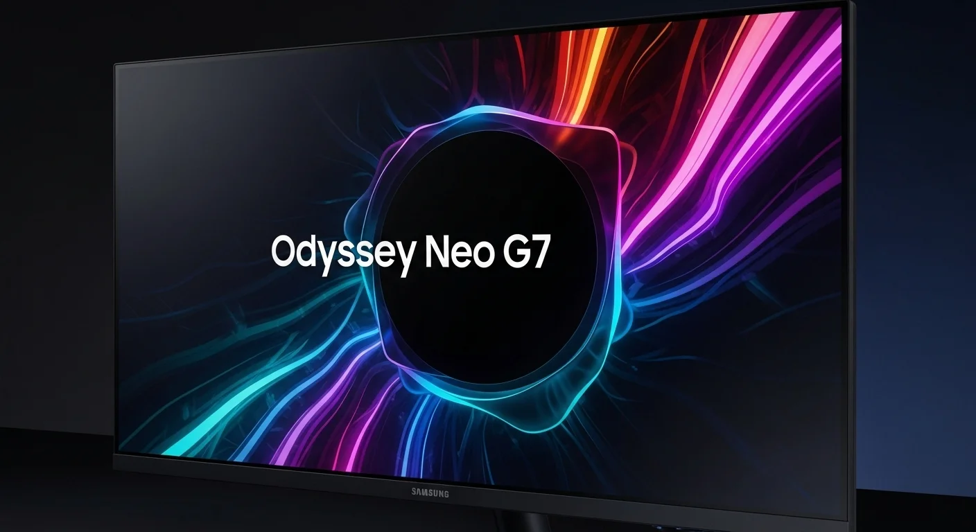 Primer plano de la pantalla de un Samsung Odyssey Neo G7 mostrando colores vibrantes y negros profundos, destacando la tecnología Mini LED.