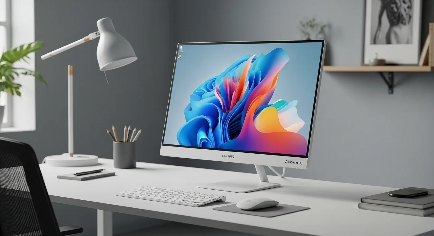 Un elegante Samsung PC All in One en un entorno de oficina minimalista, destacando su diseño integrado y su pantalla de alta calidad.