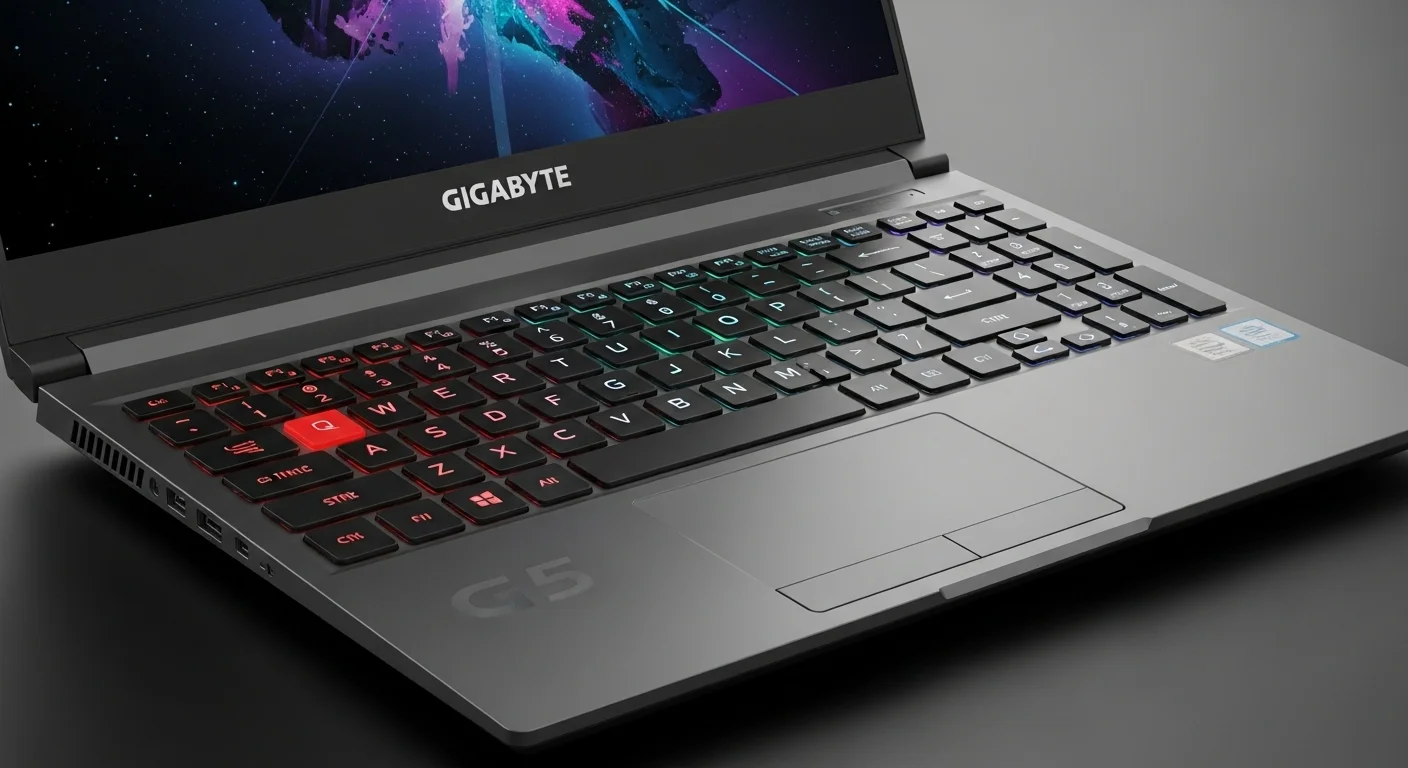 Teclado retroiluminado de la laptop Gigabyte G5, destacando las teclas para gaming y el touchpad, un accesorio clave de las computadoras modernas.