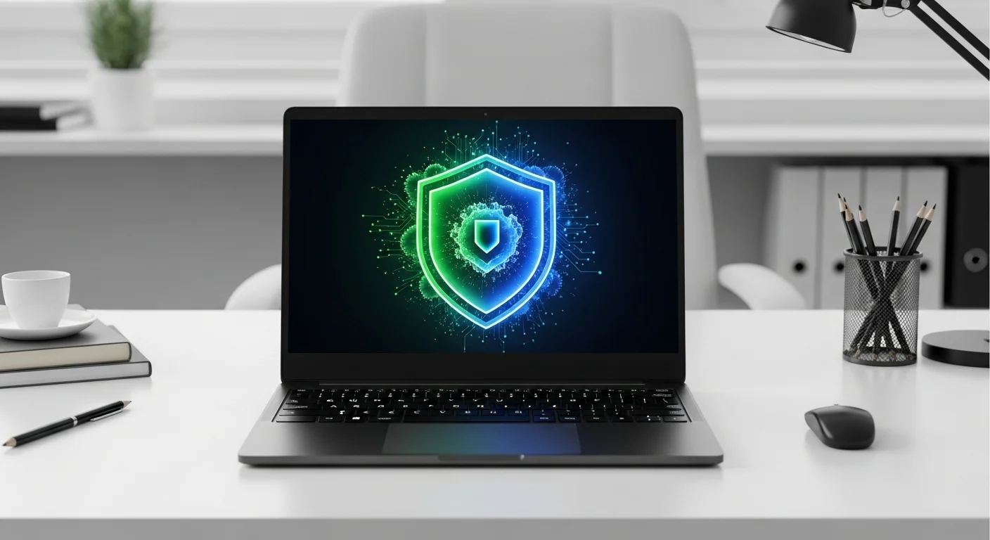 Un escritorio de oficina con una computadora mostrando un escudo de seguridad, simbolizando la protección contra malware al usar un Youtube Downloader.