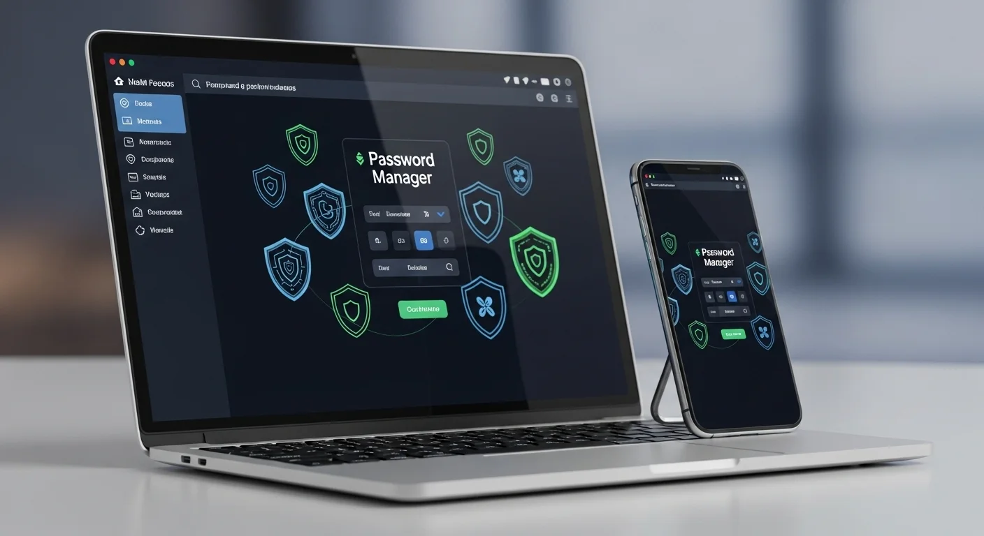 Un laptop mostrando la interfaz de un password manager con escudos de seguridad, junto a un smartphone sincronizado, representando la seguridad multiplataforma.