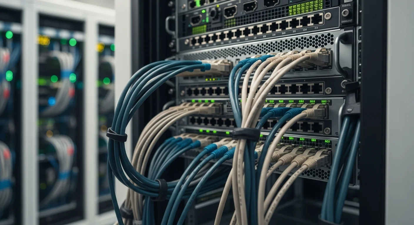 Panel trasero de un servidor de centro de datos con múltiples cables de red Cat 8 de alta densidad conectados, mostrando un entorno de alta tecnología.