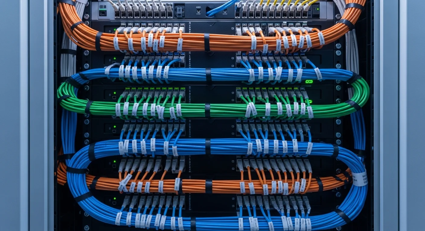 Rack de servidores con un impecable cableado estructurado de redes, mostrando múltiples cables de red organizados en un centro de datos.