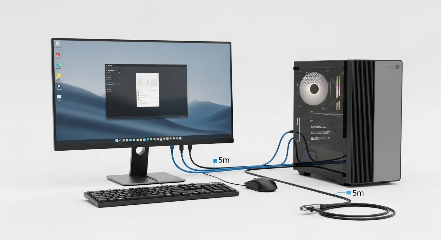 Un setup de computadora completo con monitor, teclado y PC, mostrando una gestión de cables limpia con un cable HDMI 5 metros y un cable Ethernet 5 metros conectados.