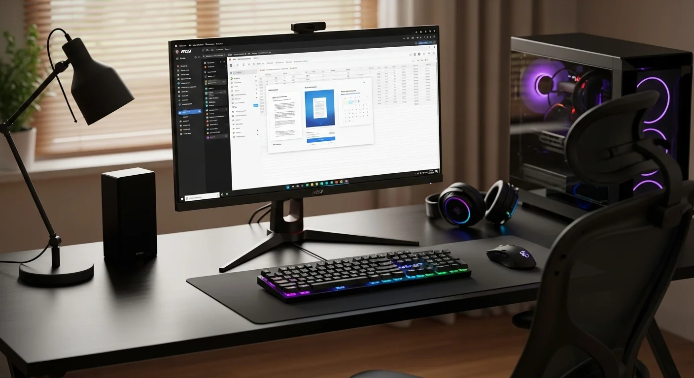 Un setup de computadoras con un monitor MSI 27 144Hz en el centro, mostrando la interfaz de un software de productividad, rodeado de accesorios tecnológicos.