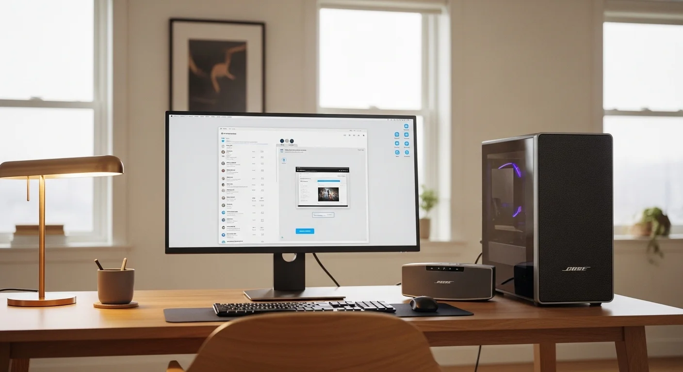 Setup de oficina en casa con un monitor grande, una computadora y un parlante inalámbrico Bose, mostrando un entorno de trabajo productivo y tecnológicamente avanzado.