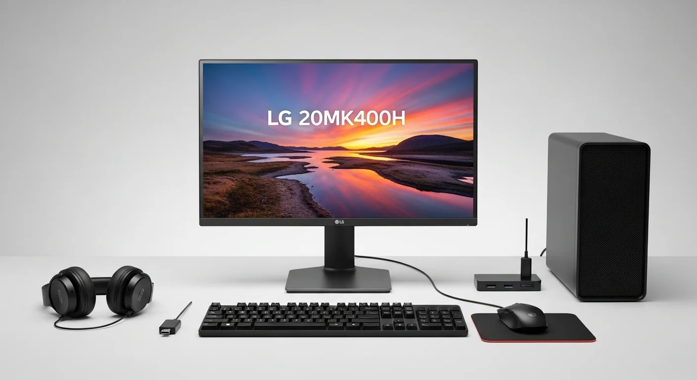 Setup completo de computadora con el monitor LG 20MK400H, teclado, ratón y otros accesorios tecnológicos.