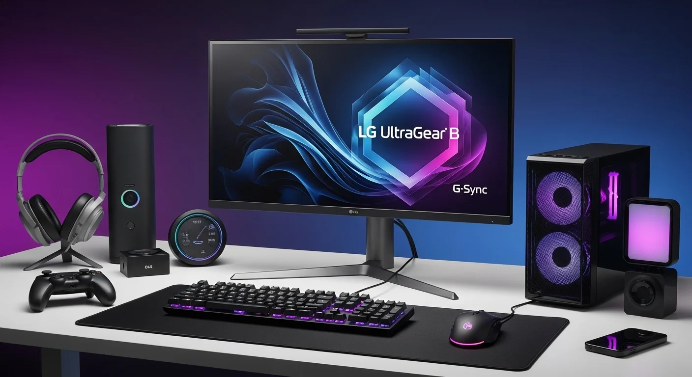 Un escritorio de oficina y gaming completo con un monitor LG UltraGear B, teclado retroiluminado y otros accesorios tecnológicos