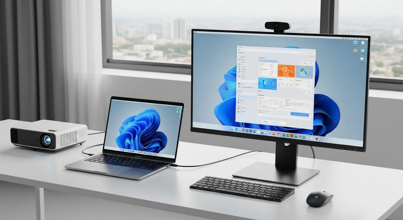 Un setup de oficina completo con un computador portátil conectado a un monitor externo, teclado, ratón y un proyector en segundo plano.