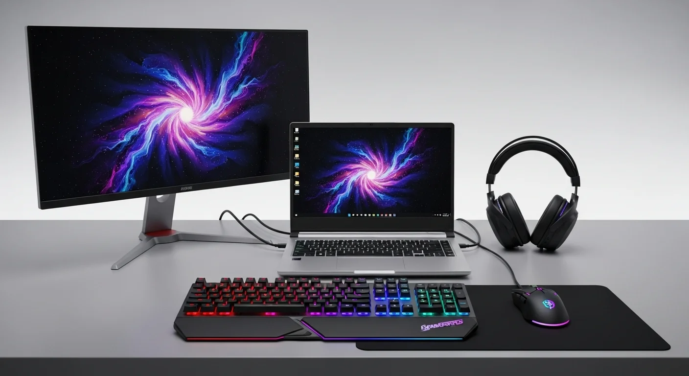 Un completo setup de una computadora gamer laptop con teclado mecánico, mouse RGB, audífonos y un monitor externo.