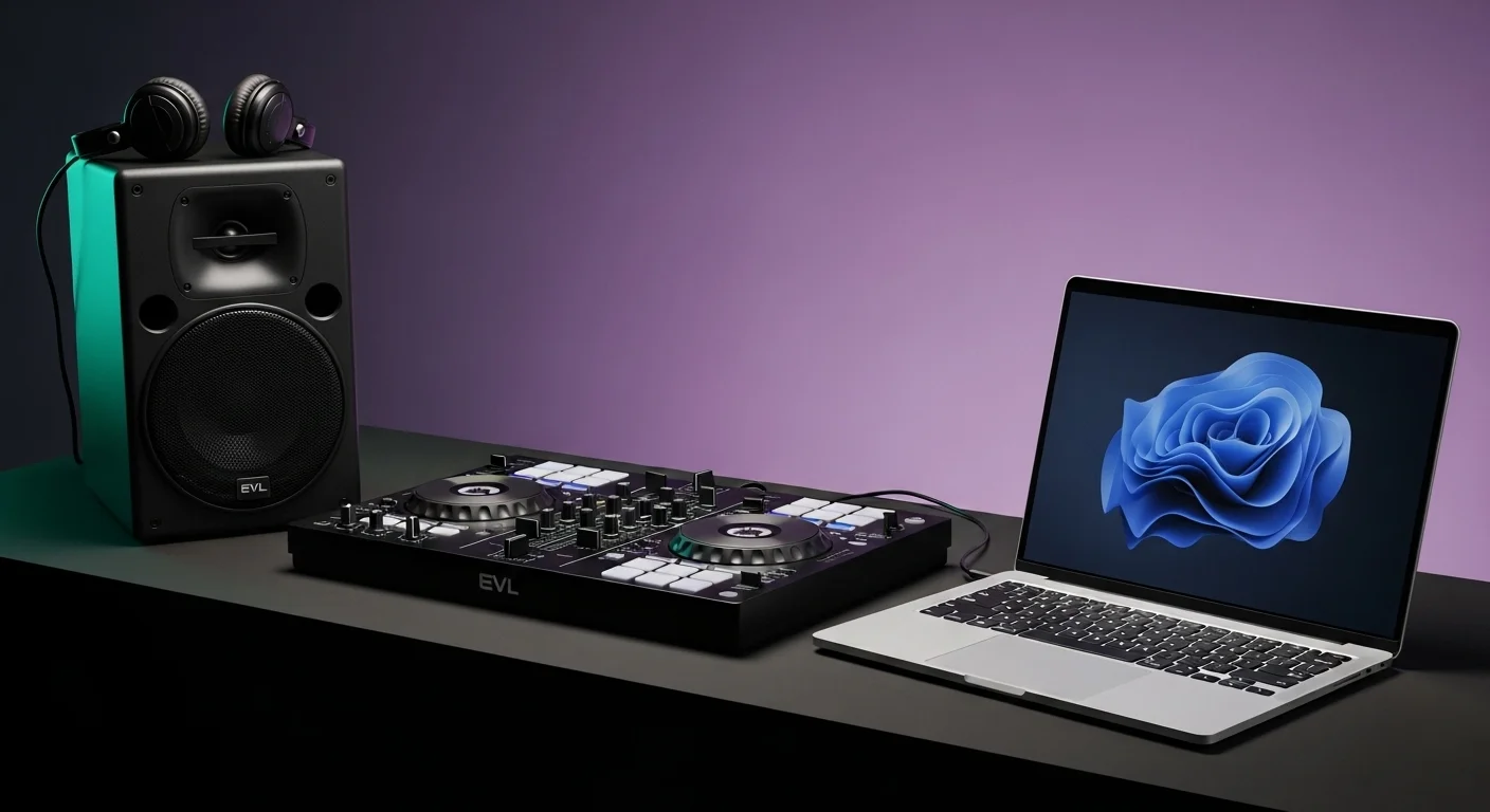 Setup de DJ con una laptop y una bocina EVL de 15 pulgadas, demostrando la portabilidad y potencia para eventos.