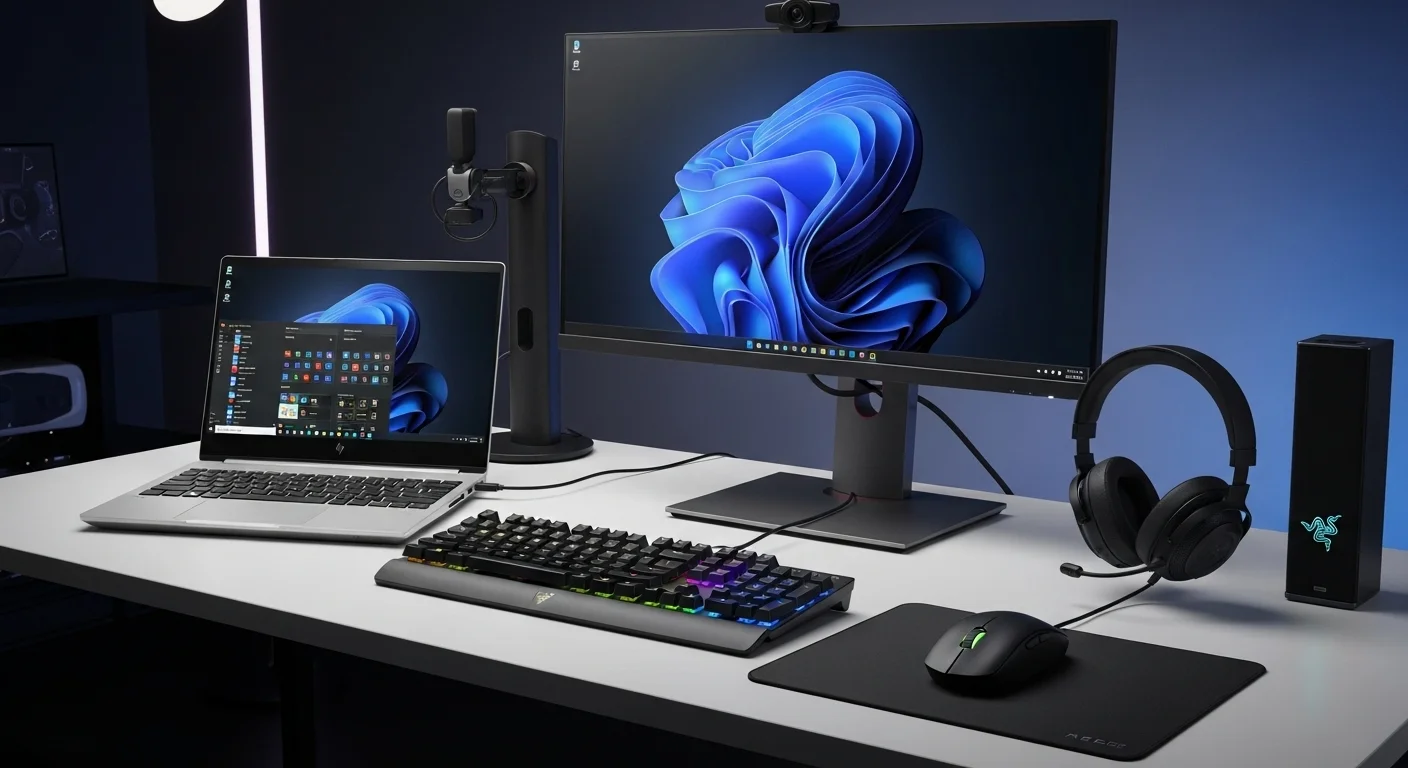 Un moderno escritorio de oficina que muestra un setup con una computadora HP ZBook Firefly 15 G8 conectada a un monitor externo y periféricos Razer.