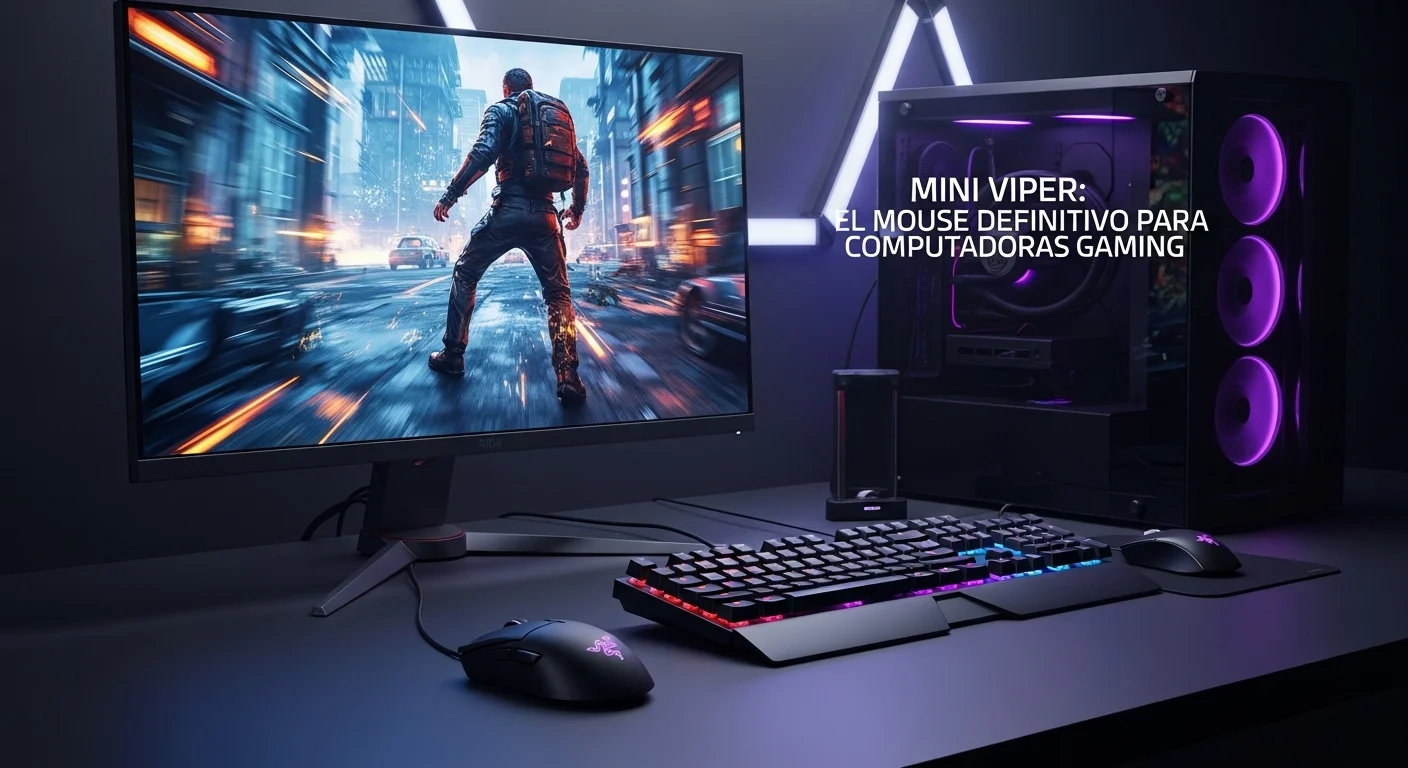 Un setup completo de computadora para gaming con monitor, teclado, y el mouse Razer Viper Mini en primer plano.