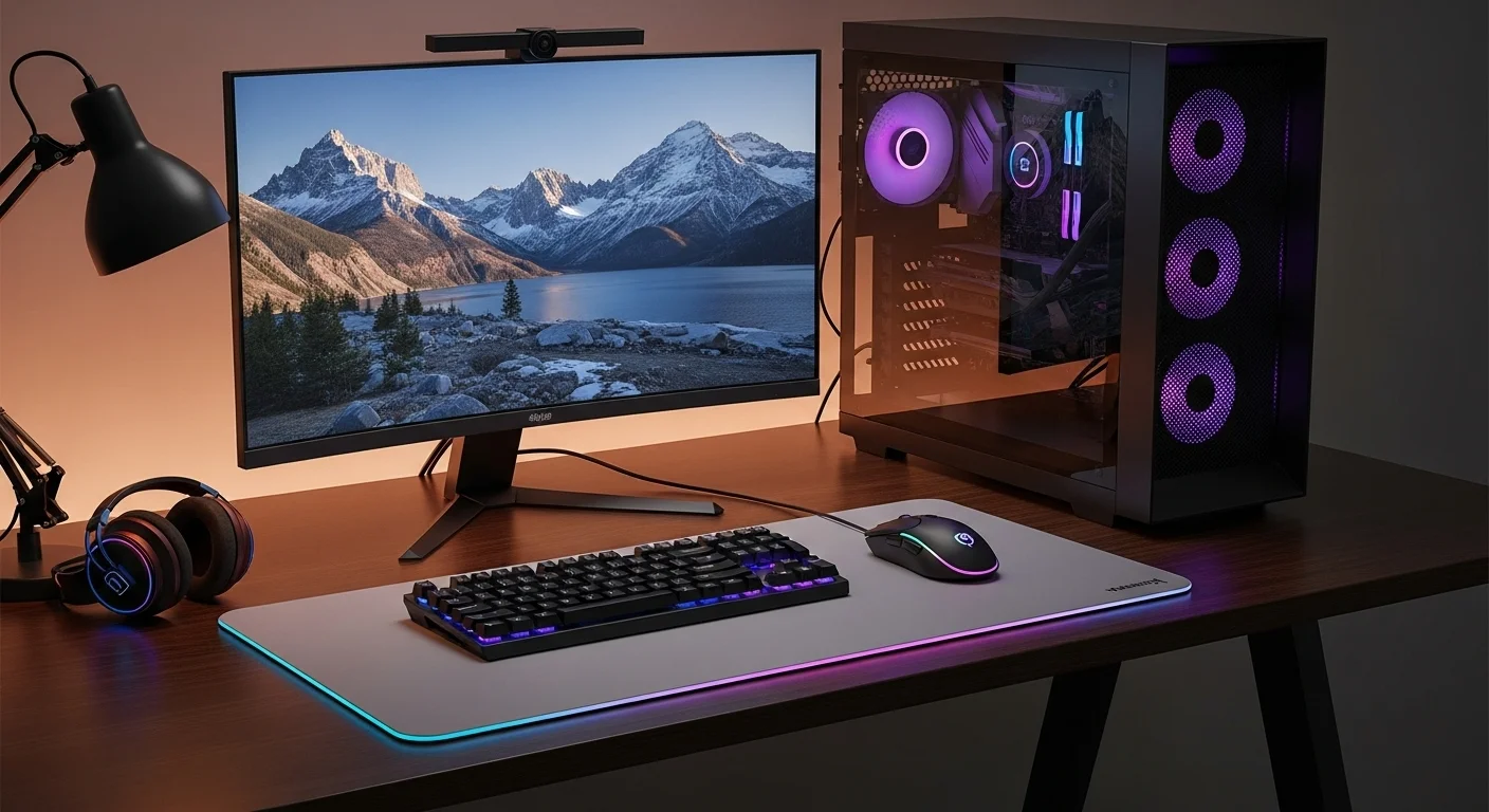 Escritorio de un gamer profesional con una computadora potente, un mouse gamer iluminado con RGB y un mouse pad de gran tamaño, optimizado para el rendimiento.